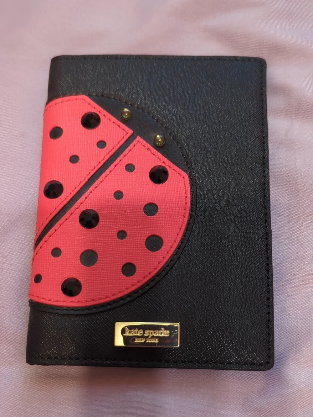 Kate Spade Black Red Ladybug Cover Passport Wallet New